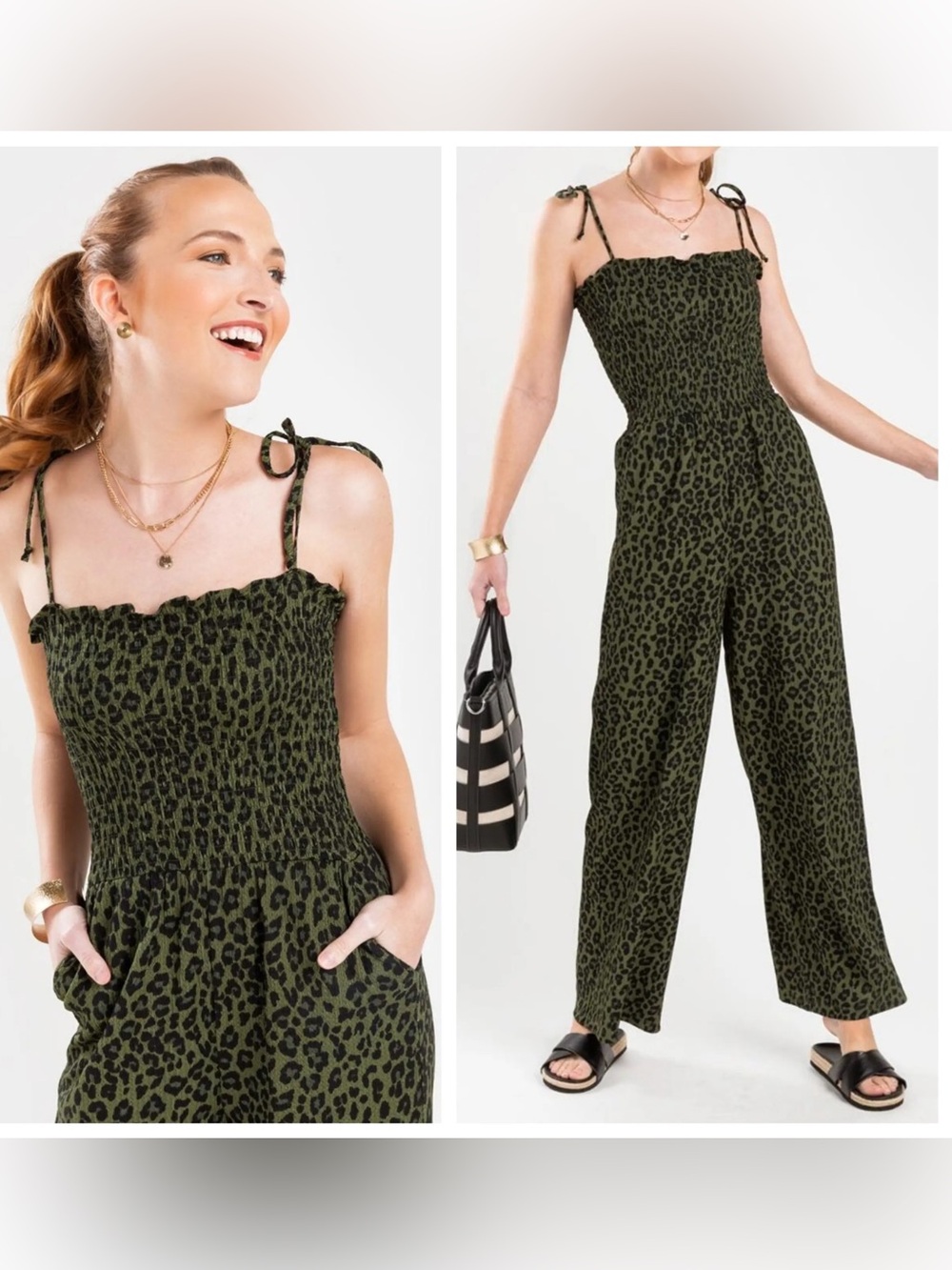Blue Rain Olive Green Leopard Print Smocked Jumpsuit
